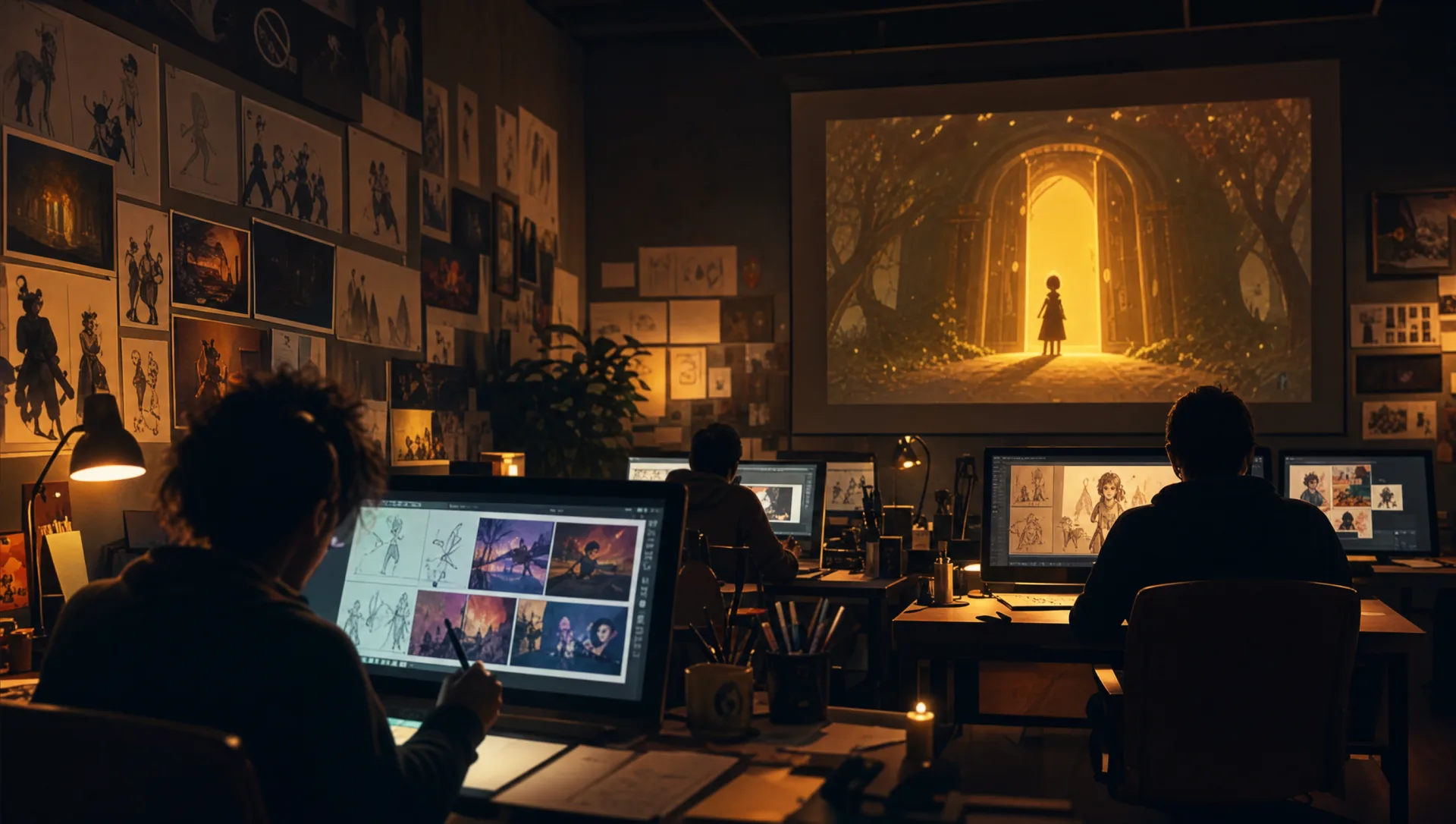 The LightFrame studio at night: desks lit by lamps and glowing storyboards