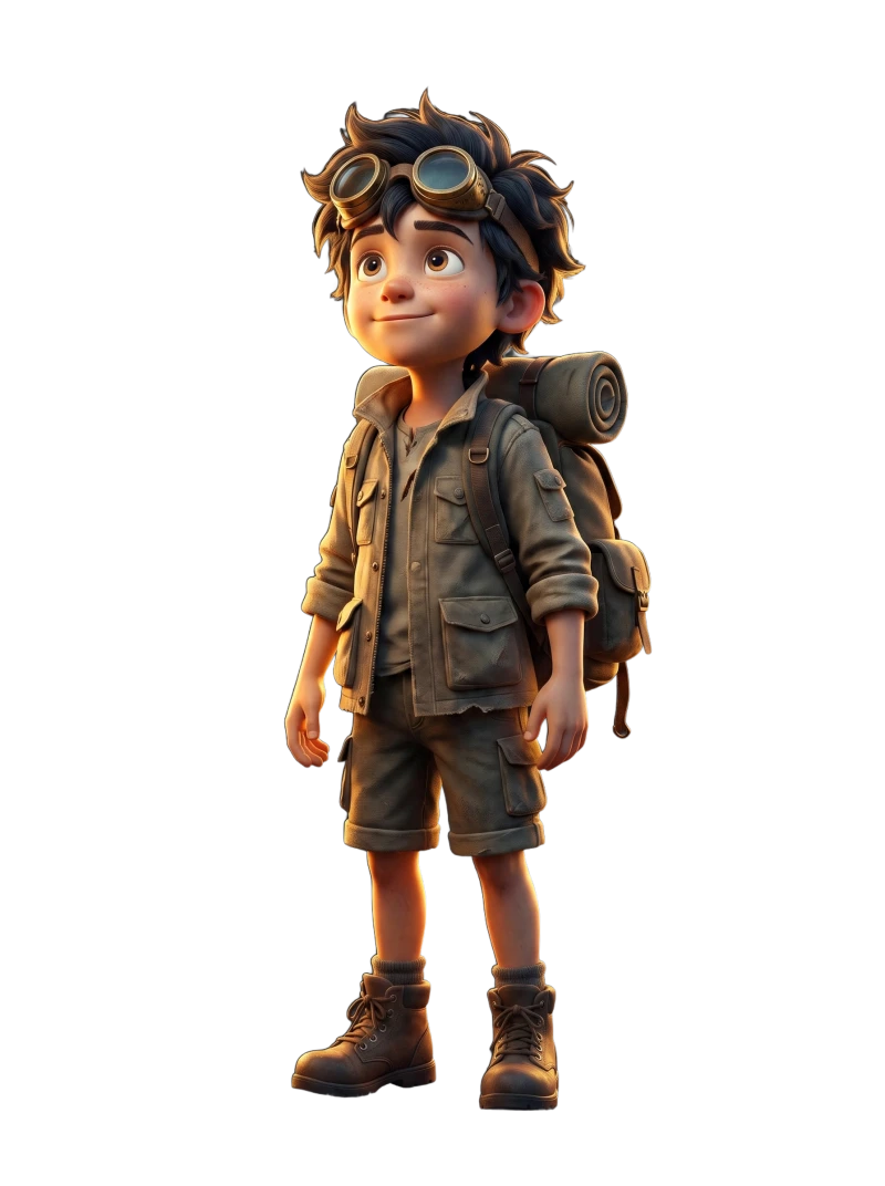 Wick, the LightFrame explorer: a boy with oversized goggles and a canvas backpack